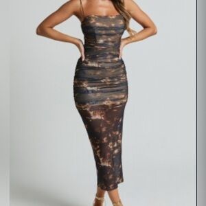 Showpo Chocolate Brown and Beige Detailing Ruched Dress